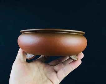 15,9 cm handgemachter runder dreibeiniger Wolkenfuß Bonsaitopf chinesischer Yixing lila Ton Blumentopf Retro Blumentopf unglasiert grün Pflanzenbonsaipot