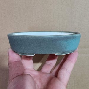 May include: A small, oval-shaped bonsai pot with a teal-green exterior and a white interior. The ceramic pot has a slightly textured surface and sits on three small feet. The pot is held in a person's hand.