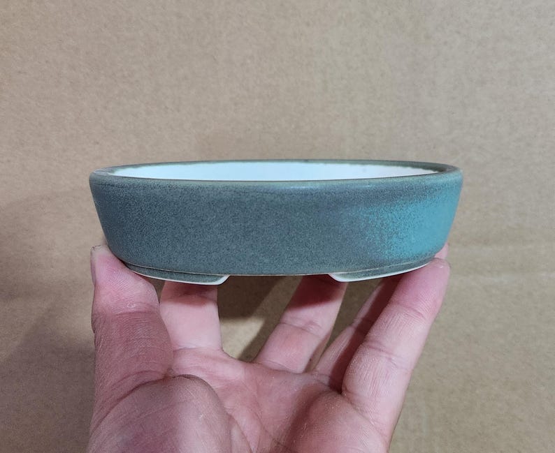 May include: A small, oval-shaped bonsai pot with a teal-green exterior and a white interior. The ceramic pot has a slightly textured surface and sits on three small feet. The pot is held in a person's hand.