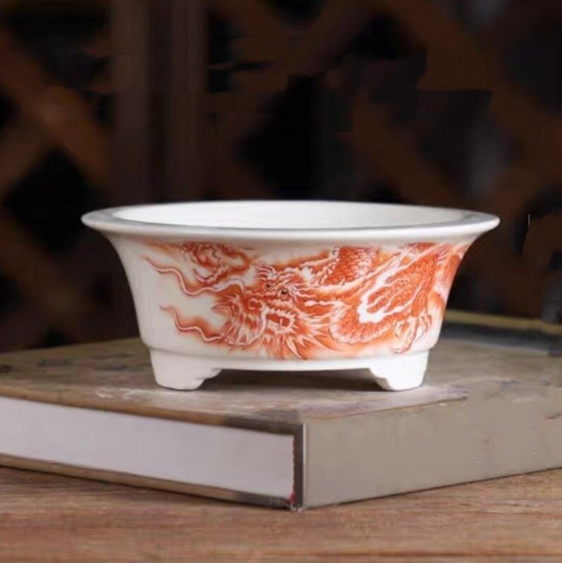 Round Bonsai Pot Dragon Painting Sketch Bonsai Pot Ceramic Glazed