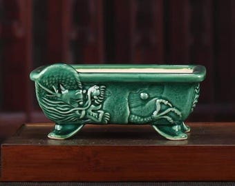 7,1-Zoll-rechteckige geprägte Drachenmuster Bonsaischale grüne Krakelee-Glasur Blumentopf Keramikblumentopf grüne Pflanzenausstellung Bonsaischale