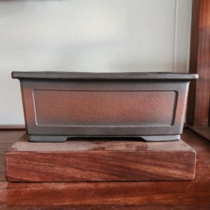 Pode incluir: Um vaso retangular para bonsai com um acabamento castanho escuro texturizado. O vaso assenta numa base de madeira com um tom castanho avermelhado. O design do vaso apresenta um painel retangular ligeiramente elevado na frente.