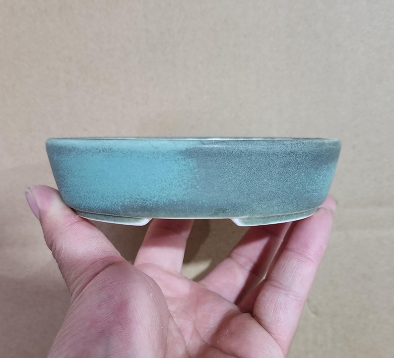May include: A small, oval-shaped bonsai pot with a teal glaze. The ceramic pot has a low profile and is held in a hand. The pot has a textured surface and is designed for planting small trees or plants.