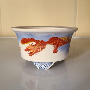 Puede incluir: Una maceta de cerámica blanca con un diseño de dragón azul y rojo. La maceta tiene tres patas y es perfecta para plantas pequeñas.