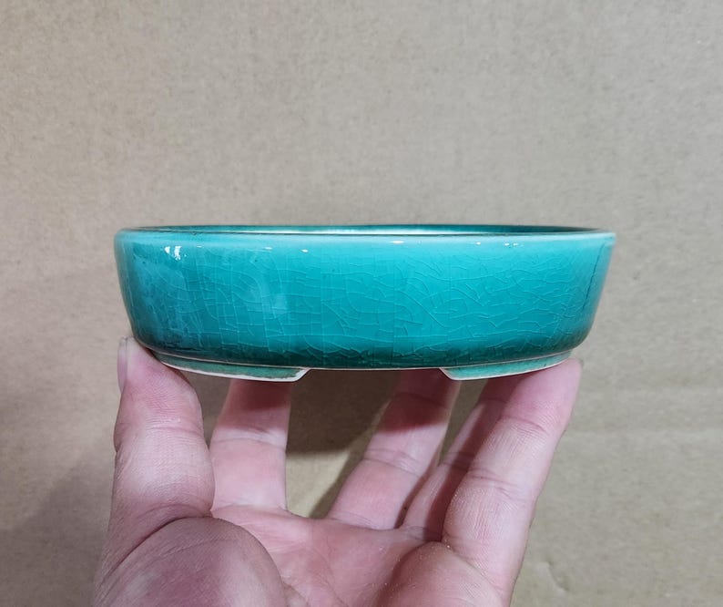 May include: A small, turquoise ceramic bonsai pot with a crackled glaze. The round, shallow dish has a low profile and three small feet. The pot is held in a hand against a neutral background.