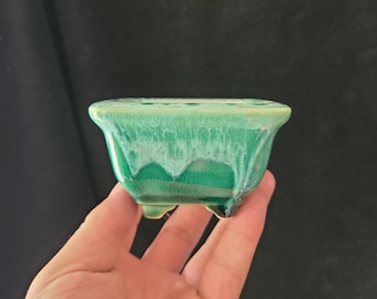 Kleine Quadratische Bonsai Schale: Grüne Krakelee Glasur Sukkulenten Pflanzer