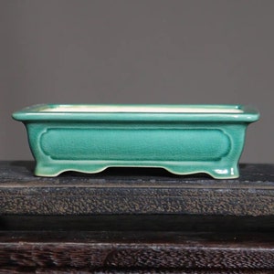 Puede incluir: Una maceta rectangular de bonsái de cerámica verde con un borde ligeramente elevado y un esmalte texturizado.