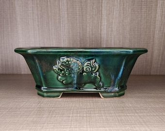 Rechteckiger Reliefschliff Bonsai Topf - Glasierter Japanischer Pflanzer (18 cm)