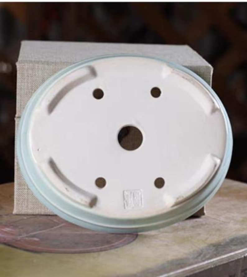 May include: A light blue oval ceramic bonsai pot with four drainage holes and a square mark on the bottom.