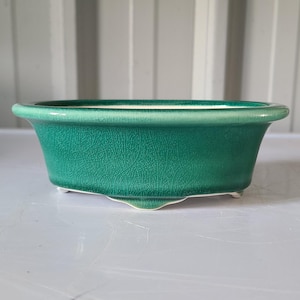 6.5 Inch Oval Yixing Bonsai Pot: Green Crackle Glaze Ceramic
