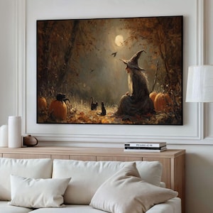 Halloween Witch Canvas Art, Autumn Forest Wall Decor, Pumpkin Black Cat Print, Fantasy Fall Artwork