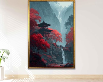 Stunning Oriental Landscape Wall Art, Japanese Inspired Waterfall and Pagoda Painting, Red Autumn Tree Art, Peaceful Zen Room Decor