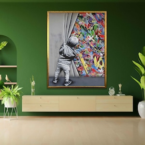 Modern Wall Art, Colorful Graffiti Canvas, Child Opening Curtain Painting, Urban Street Art Print, Large Framed Artwork