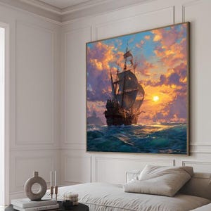 ヴィンテージ帆船ウォールアートキャンバスプリント、海の波とカモメの