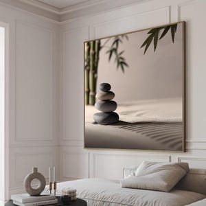Zen Stones Canvas Wall Art, Minimalist Bamboo Print, Japanese Meditation Decor, Tranquil Zen Painting