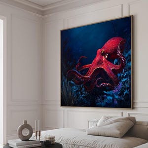 Red Octopus Canvas Art, Deep Sea Creature Painting, Underwater Wall Decor, Marine Life Artwork, Coastal Ocean Theme Print
