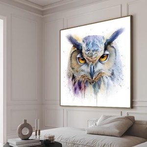 Watercolor Owl Canvas, Abstract Bird Wall Art, Modern Wildlife Painting, Colorful Animal Print, Artistic Nature Decor, Elegant Home Wall Art