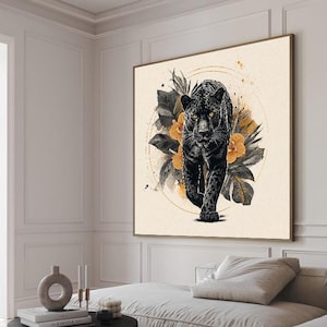 Black Panther Canvas Wall Art, Jungle Animal Print, Modern Wildlife Painting, Botanical Leopard Decor