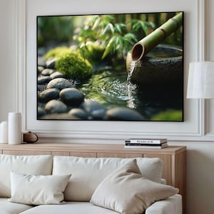 Zen Bamboo Wall Art, Japanese Garden Decor, Water Fountain Print, Tranquil Canvas Poster, Peaceful Nature Art