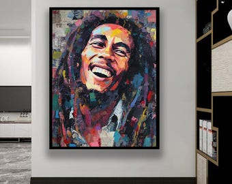 May include: A framed portrait of a smiling person with dreadlocks. The artwork features a vibrant, colorful, and expressive painting style, with a focus on the subject's joyful expression. The background includes newspaper clippings.