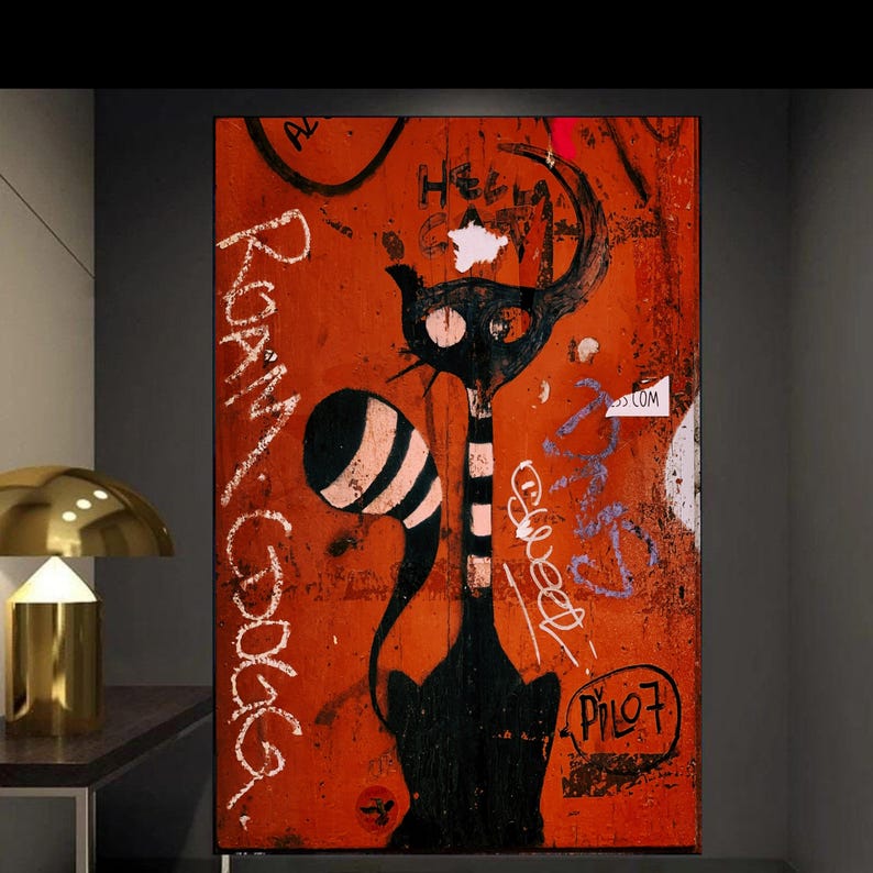 Abstract Black Cat Graffiti Canvas, Urban Street Art Wall Decoration ...