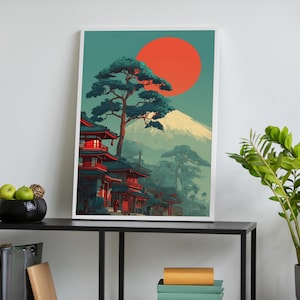 Japanese Mountain Sunset Canvas Art, Red Sun Landscape Print, Japanese Architecture Wall Decor, Premium Quality Artwork