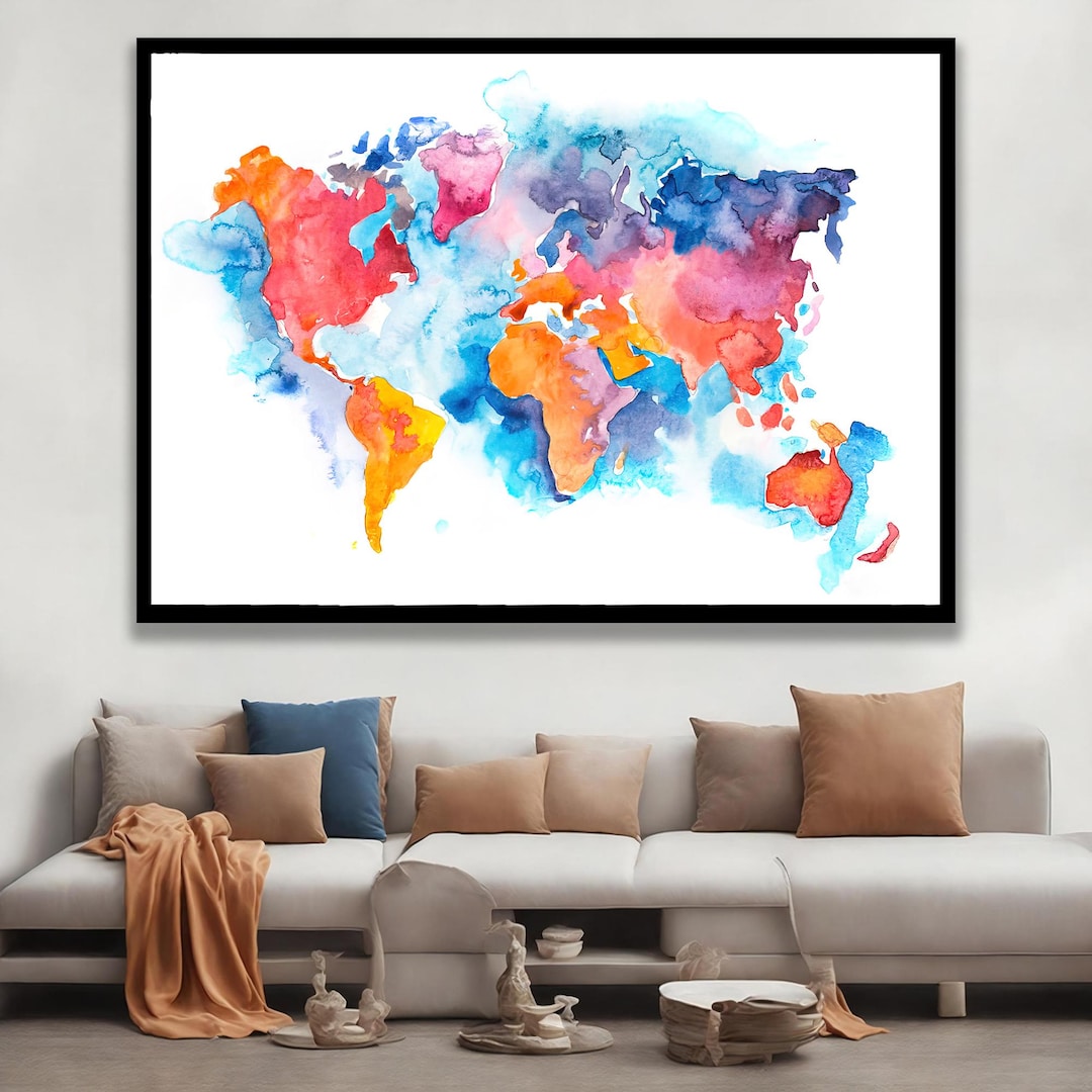 Vibrant Watercolor World Map Wall Art Print for Modern Home Decor ...