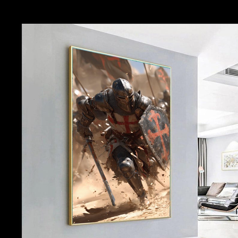 Medieval Knight Charging Canvas Wall Art, Crusader Armor Painting ...