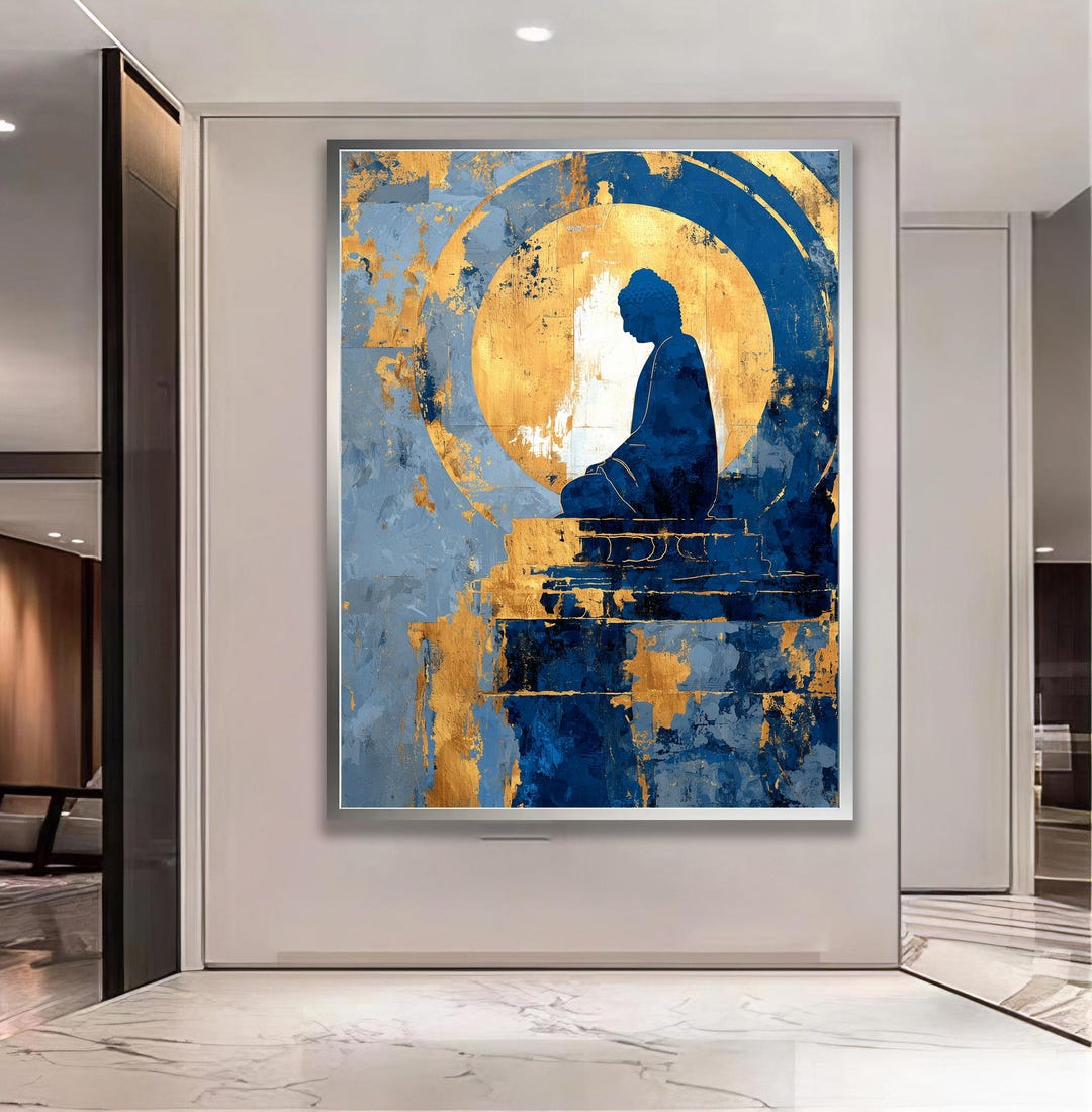 Modern Buddha Wall Art Blue and Gold Canvas Painting, Zen Meditation ...