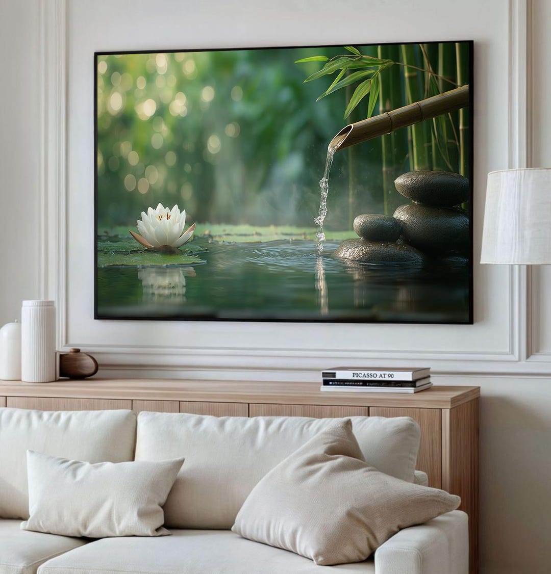 Zen Bamboo Wall Art, Zen Bamboo Water Fountain Canvas, Lotus Flower ...