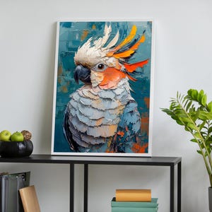 Colorful Cockatoo Wall Art, Abstract Parrot Oil Painting, Tropical Bird Canvas Print, Exotic Animal Decor, Modern Textured Art