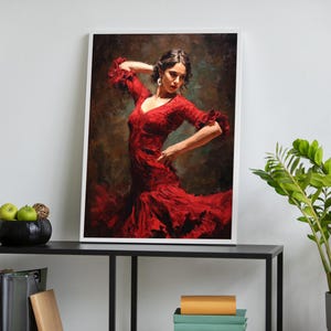 Spanish Flamenco Canvas, Dance Oil Painting, Red Dress Wall Art, Impressionist Style