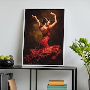 Flamenco Dancer Art, Red Dress Dance Painting, Spanish Dance Wall Art, Impressionist Style