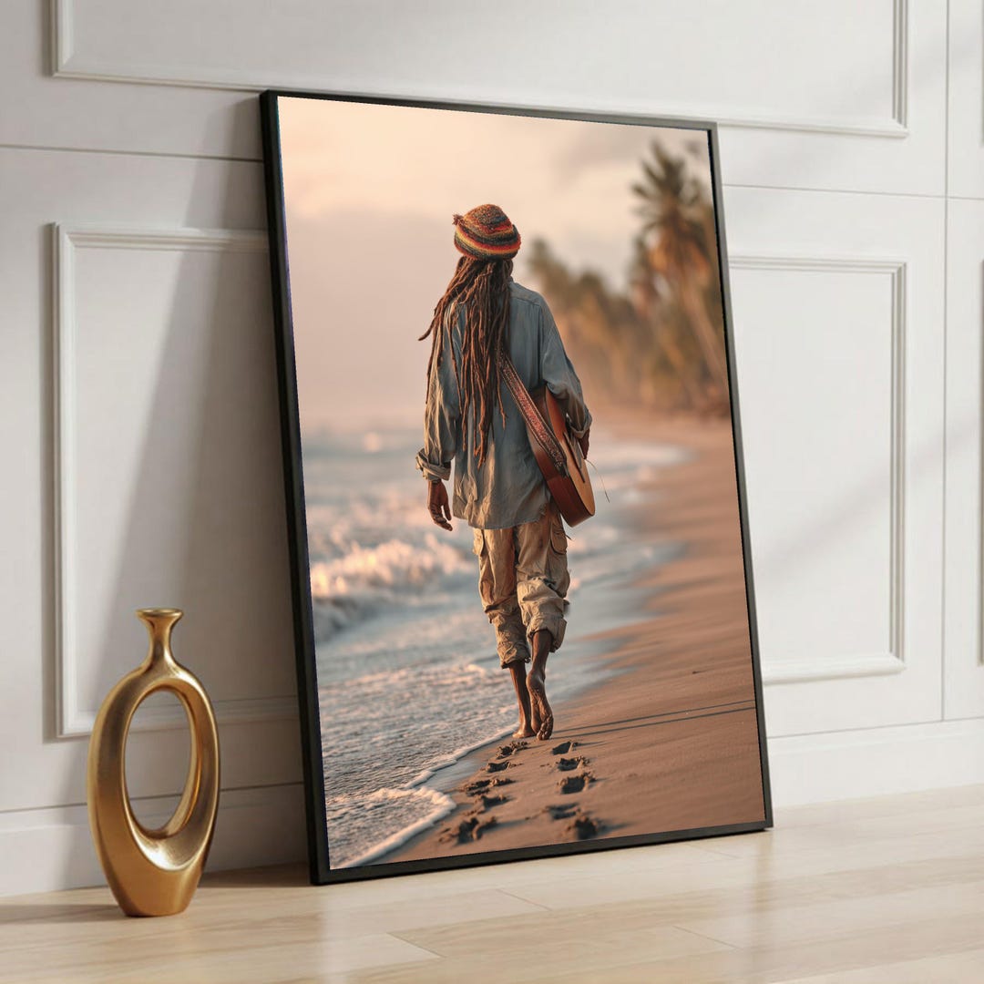 Sunset Rasta Bob Marley Beach Walk Canvas, Rasta Music Vibes, Guitar Player Ocean ...