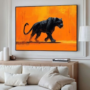 Black Panther Canvas Art, Bold Animal Painting, Modern Wild Cat Art, Panther Walking Artwork, Orange Background Animal Art