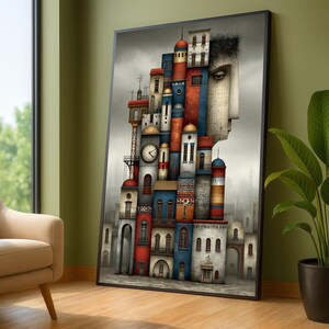 Lienzo con estructura de rostro urbano surrealista, arte mural arquitectónico abstracto, lienzo de paisaje urbano de técnica mixta, decoración moderna para el hogar.