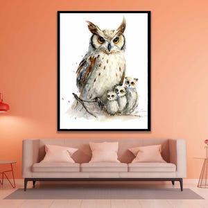 Watercolor Owl Family Painting – Beautiful Bird Artwork for Home Decor, Owl Wall Art, Nature Lover Gift, Mother and Baby Owls Illustration