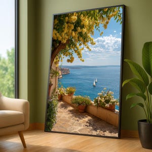 Vista de la costa mediterránea, lienzo con árbol de flores amarillas, arte de pared para balcón costero, lienzo con veleros en el océano azul, decoración de paisaje veraniego