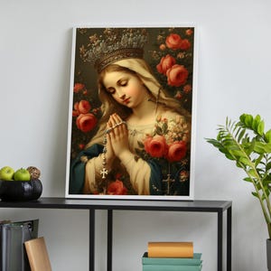 Virgin Mary Wall Art, Religious Canvas Print, Madonna with Roses, Catholic Home Decor, Christian Prayer Artwork, Holy Mother Painting