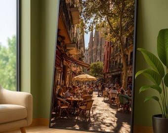 Warm Sunset Street Cafe Scene, Barcelona Narrow Alley Canvas, La Sagrada Familia View, Urban European Lifestyle Wall Art, Cozy Outdoor