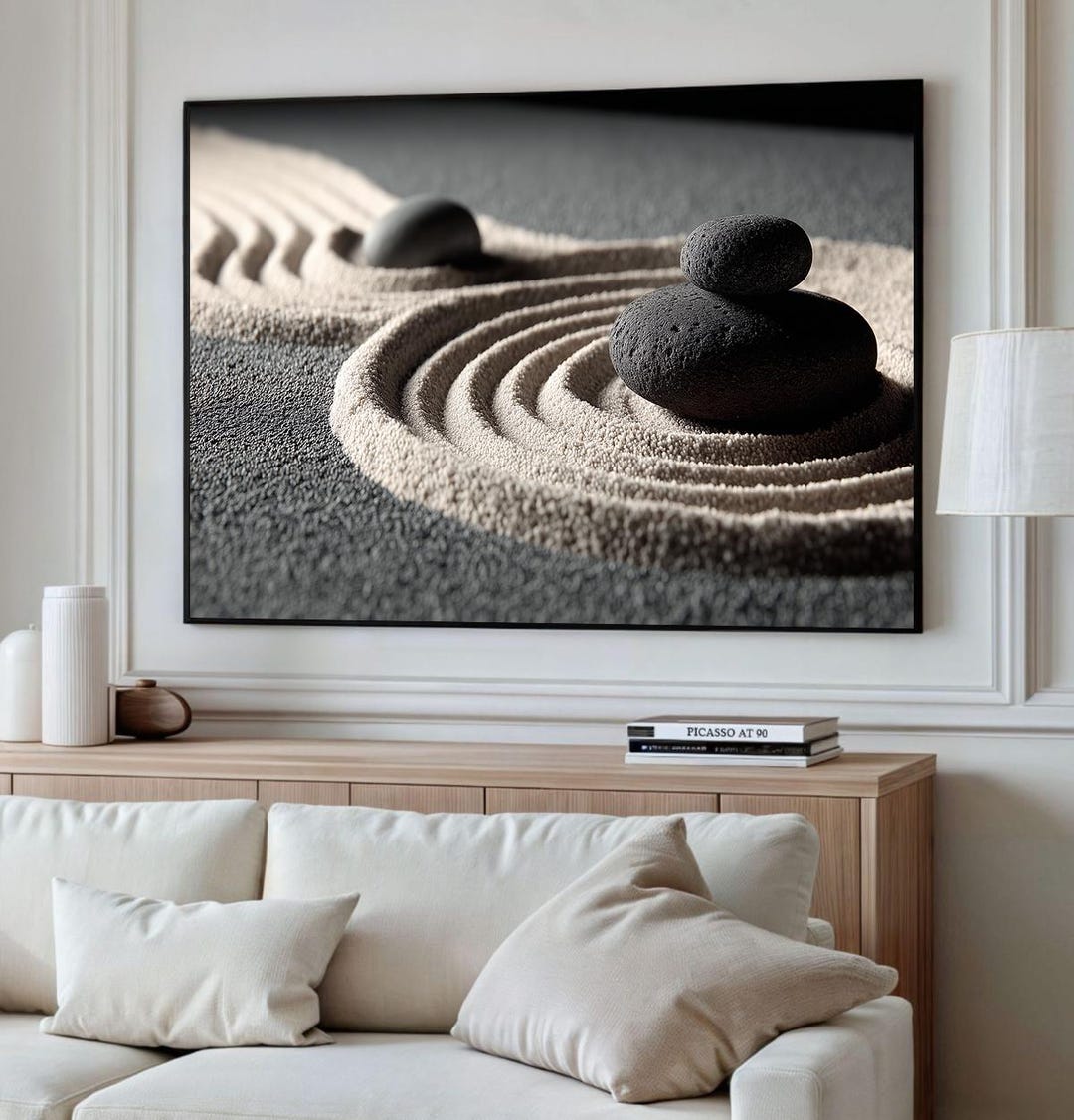 Zen Garden Canvas, Minimalist Stone Art, Japanese Sand Rake Print