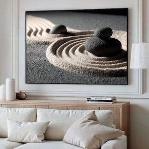 Zen Garden Canvas, Minimalist Stone Art, Japanese Sand Rake Print, Tranquil Wall Decor, Meditation Room Canvas, Modern Zen Artwork
