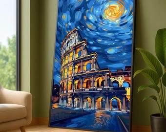 Sternenklare Nacht Rom Kolosseum Leinwand, lebhaftes italienisches Wahrzeichen Wandkunst, impressionistische Malerei des Nachthimmels, Wohnkultur Leinwand, fertig zum Aufhängen