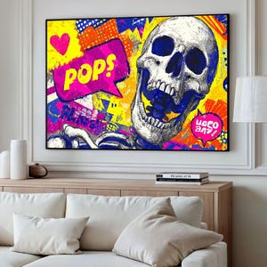 Pop Art Skull, Colorful Skeleton Poster, Graffiti Style Wall Art, Urban Decor, Neon Skull Print, Modern Funky Canvas, Street Art Vibes