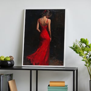 Red Dress Dancer Canvas, Flamenco Oil Painting, Modern Dance Wall Art, Elegant Woman Artwork, Spanish Dance Poster, Art Deco Wall Decor