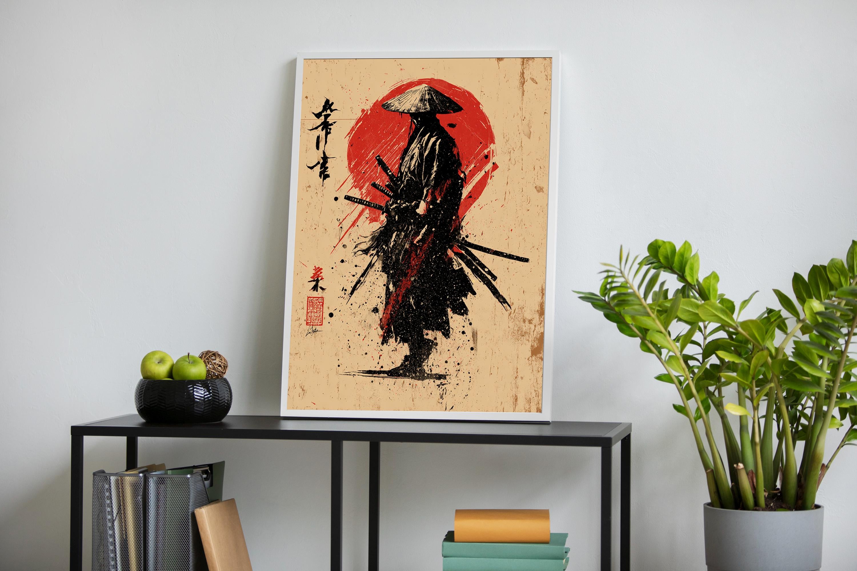 Japanese Samurai Canvas Wall Art, Traditional Warrior Silhouette