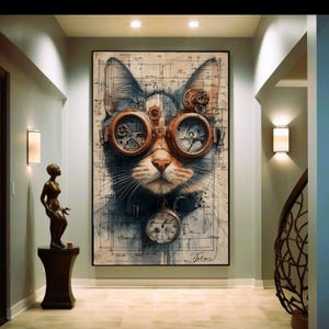 May include: Large framed artwork depicting a cat's face with steampunk goggles and clockwork details. The cat is rendered in shades of grey, brown, and orange, set against a blueprint-style background. The artwork is displayed in a hallway with a sculpture and sconce lighting.
