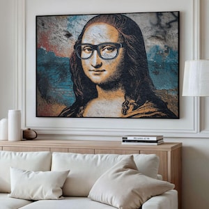 Mona Lisa with Glasses Art, Street Art Mona Lisa Canvas, Modern Pop Art, Retro Mona Lisa Artwork, Famous Art Print, Cool Mona Lisa Decor