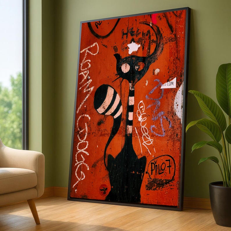 Abstract Black Cat Graffiti Canvas, Urban Street Art Wall Decoration ...