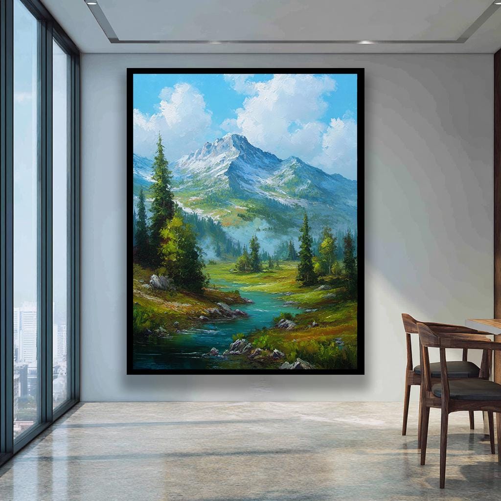 Mountain Landscape Wall Art Canvas Painting With Snowy Peaks, Pine